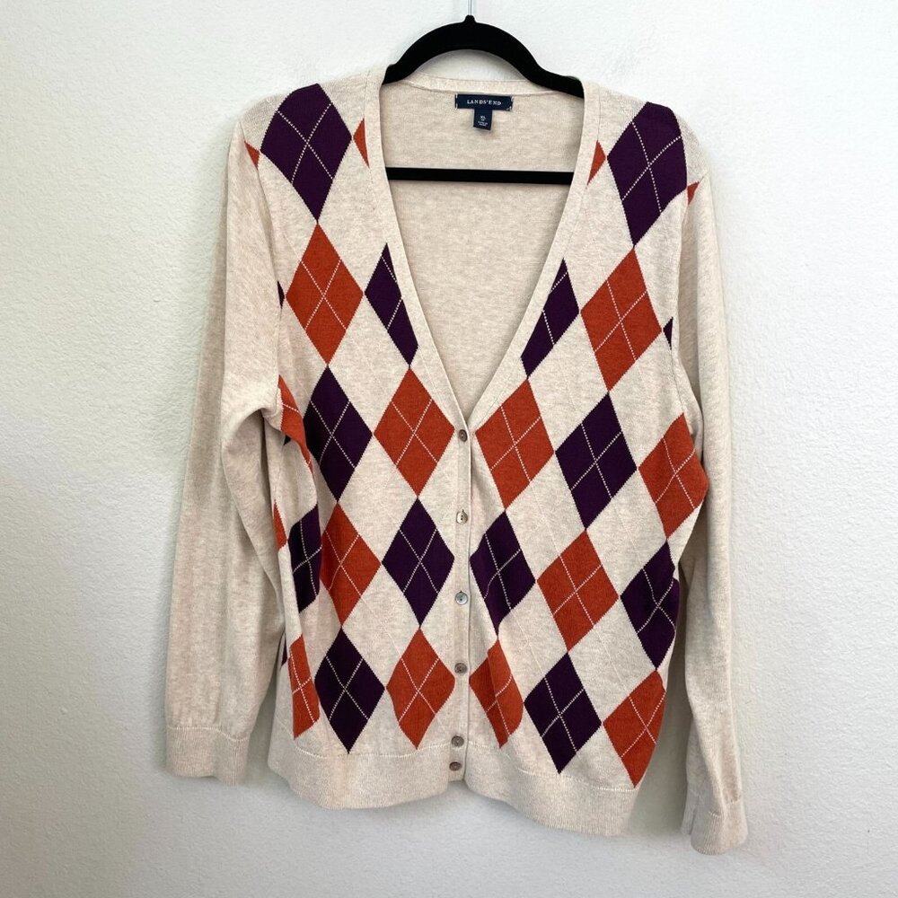 Lands End Womens XL‎ Argyle Button Cardigan Sweater Beige Cotton Knit Top